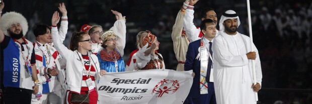 Russia delegation walking into the area on stage at the Special Olympics World Games Abu Dhabi 2019.