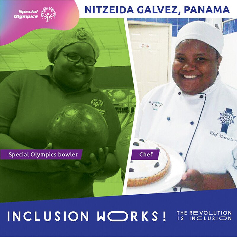 nitzeida bowling and dressed in her chefs uniform.