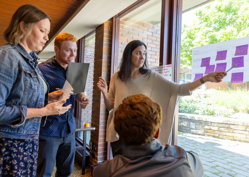 A group of four people working on post it notes stuck to a window