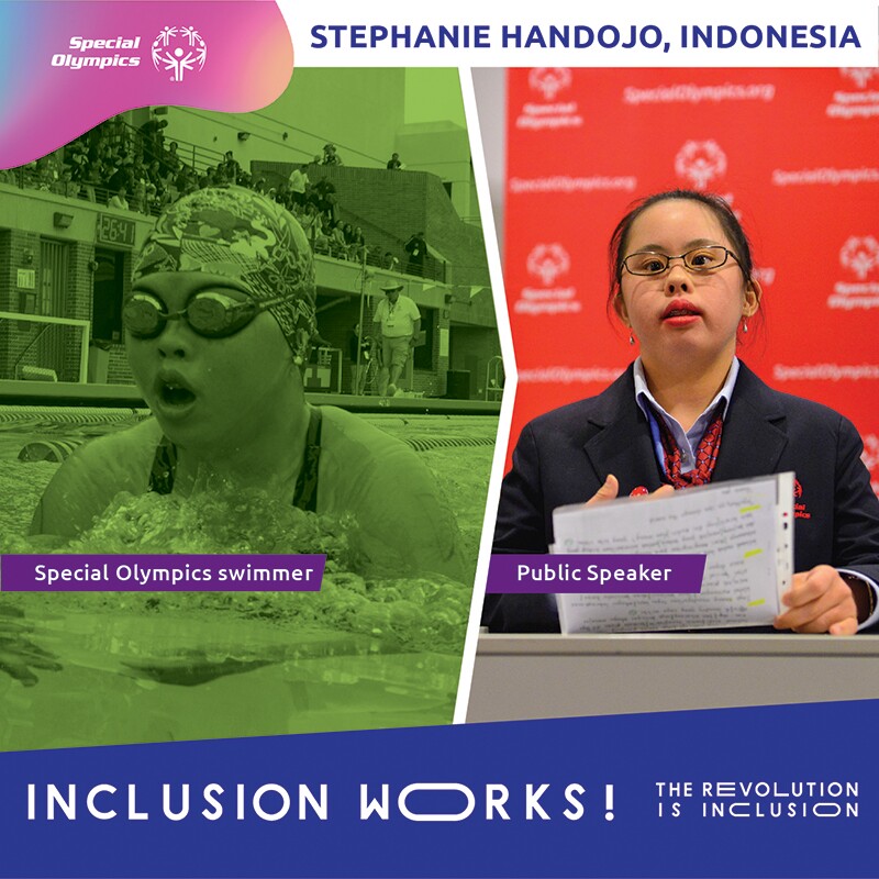 On the left is Stephanie swimming and no the right is Stephanie standing behind a podium speaking. Text at the bottom reads: Inclusion Works! The Revolution is Inclusion