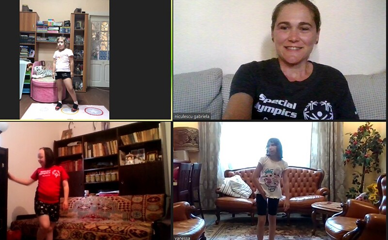 Three athletes competing virtually while an official watches.