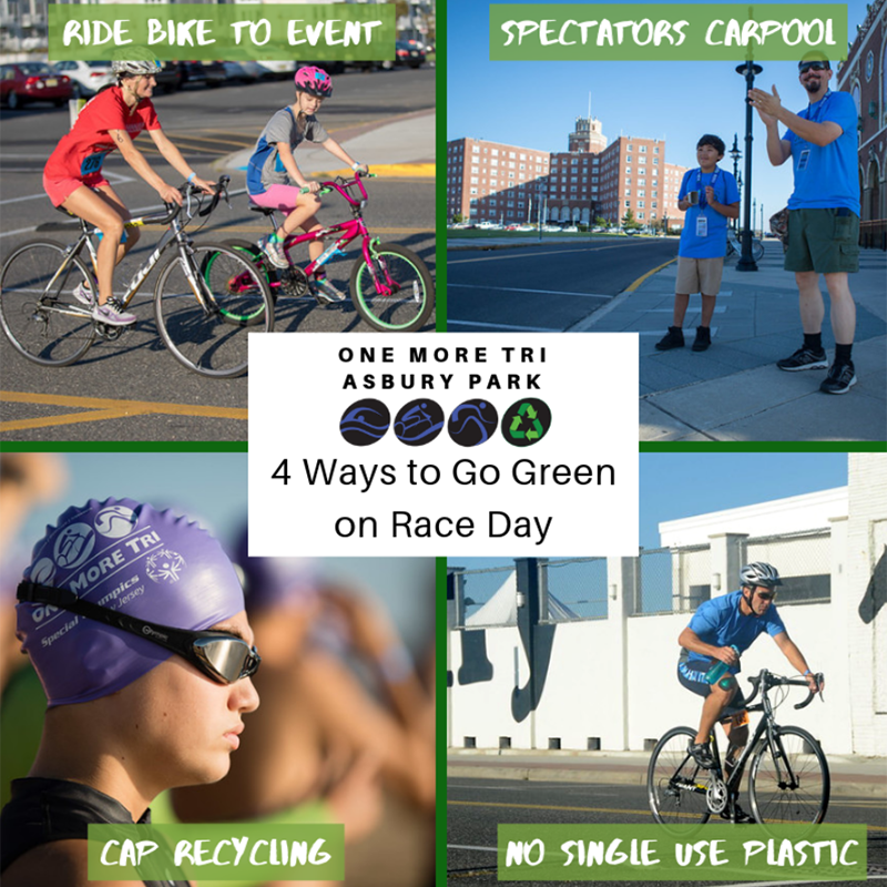 Special Olympics athletes cycling, cheering, and swimming with text ‘One More Tri Asbury Park: 4 ways to Go Green on Race Day’. 