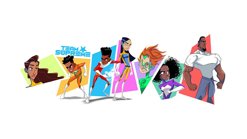 illustration of Team Supreme, 5 young super heroes and two adults.