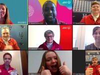 A group of Special Olympics athletes and supporters appear on a Zoom screen. 