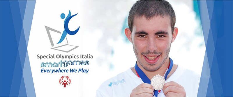 Athlete Federico Correzzola on the Special Olympics Italy Smart Games banner.