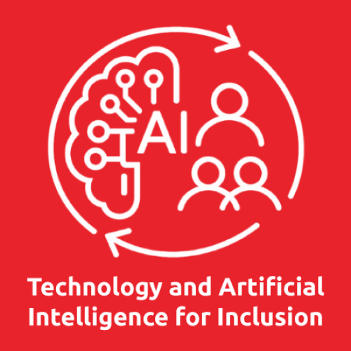 Icon of AI and three people with arrows surrounding in a circular patter; Text reads, "Technology for Artificial Intelligence Inclusion"