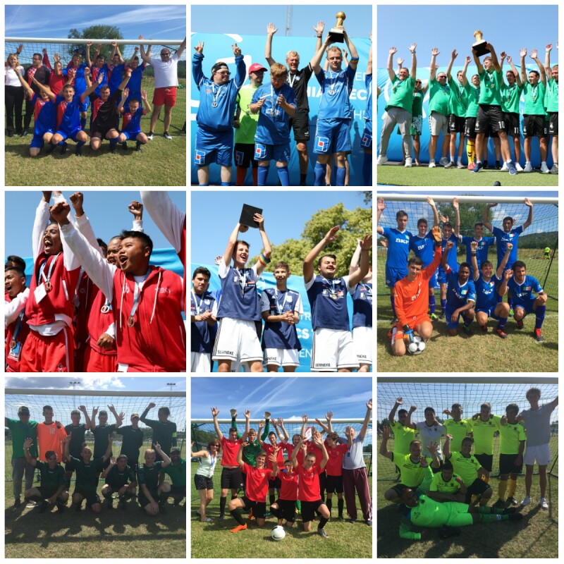 A collection of nine square photos in a collage together featuring football teams with their hands in the air in celebration.
