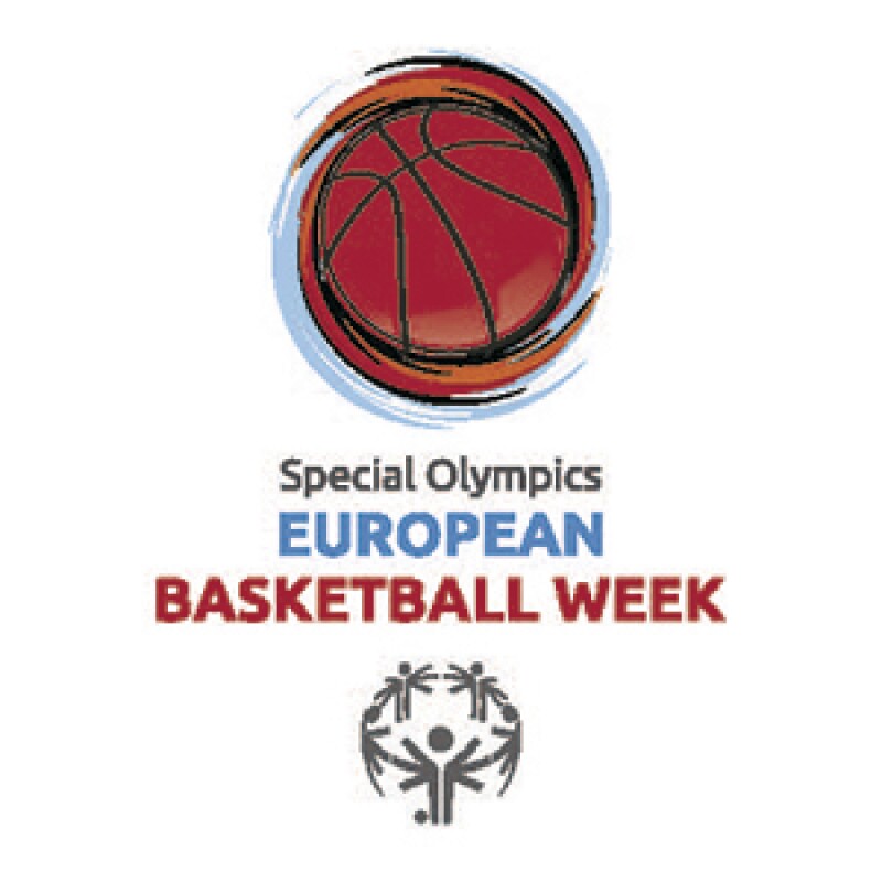 Special Olympics European Basketball Week logo. Illustration of a basketball spinning in motion followed by text: Special Olympics European Basketball Week. Under the text is the Special Olympics logo.