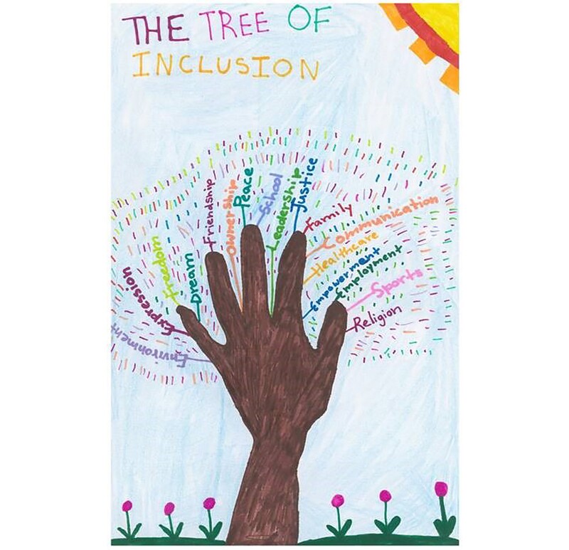 illustration of a hand coming out of the ground with words surrounding it. some of the words are, expression, freedom, dream, sports, religion, family, justice, and leadership