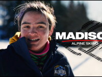 Young woman smiling outside in the snow. text reads: Madison: Alpine Skiing