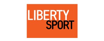 Liberty Sport black and white text on orange background.