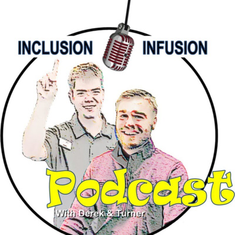 This podcast logo shows a drawing of two men inside a circle with the words "Inclusion Infusion" above their heads. 