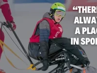 a person on a ski apparatus for a disabled person, and a person behind him guiding it downhill. text reads: "there's always a place in sports." 