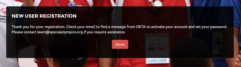 New User Registration completion message from Okta.