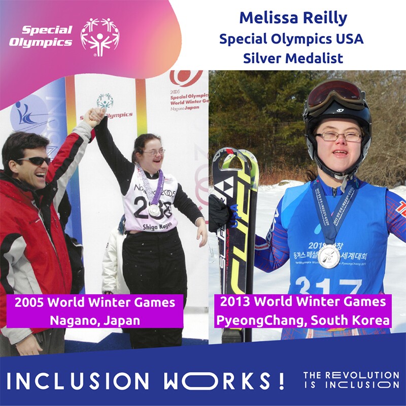 Image of Melissa on the left with her hand being held up in victory. image of Melissa on the right of Melissa with a silver medal and holding her snowboard.