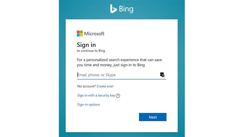 Image of Bing's Microsoft sign in screen.