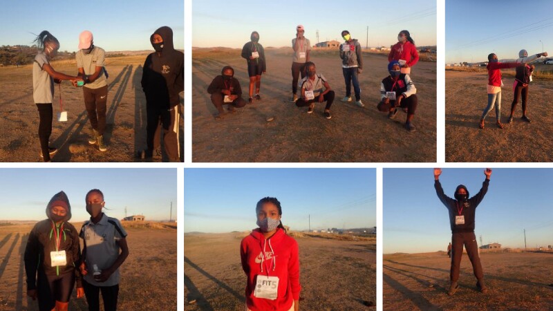 Six images of young adults wearing masks and interacting with one another.