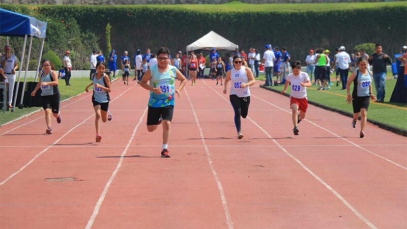 Six athletes running a race outside on a track.