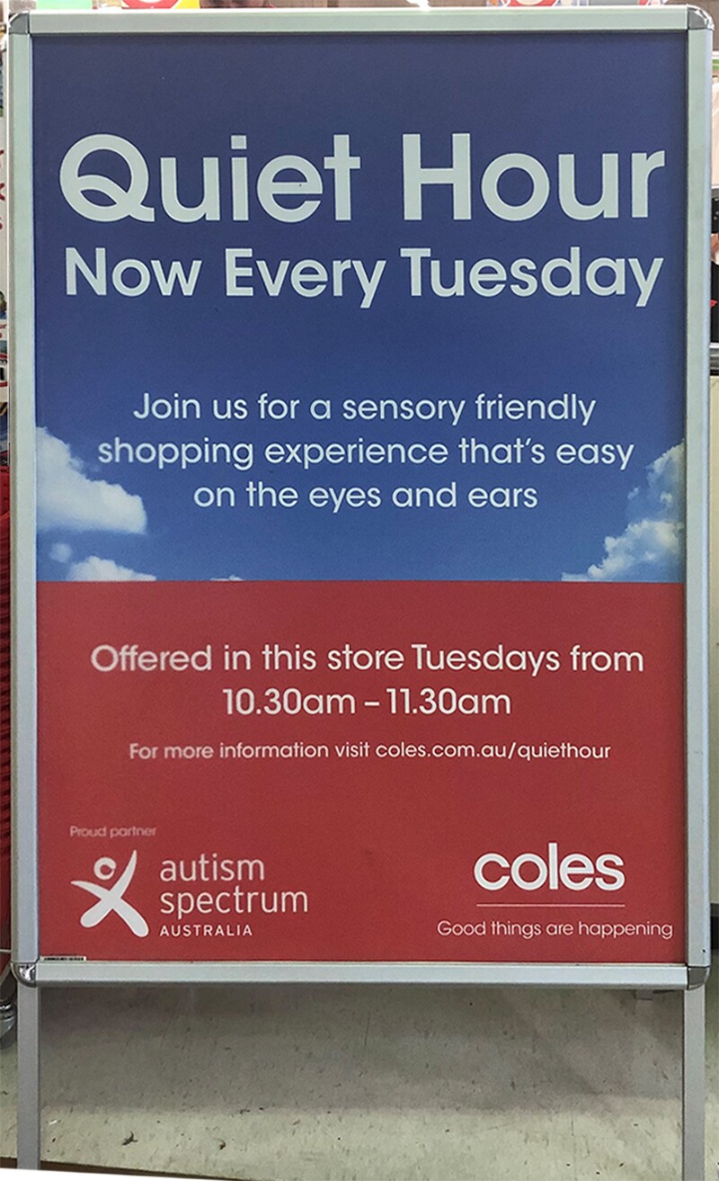 Sign announcing quiet hour at the supermarket.