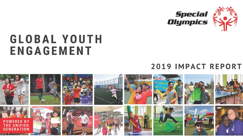 Cover page of the Global Youth Engagement Impact Report. Photos of youth engaging in Special Olympics around the world.