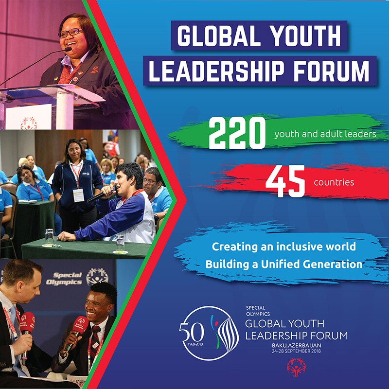 Global Youth Leadership Forum advertisement that reads: 220 youth and adult leaders; 45 countries; creating an inclusive world building a unified generation. Text on the bottom that reads: Special Olympics Global Youth Leadership Forum; Bake, Azerbaijan; 24-28 September 2018. Three images are included on the left side of the add that depict Special Olympics athletes participating in a forum.