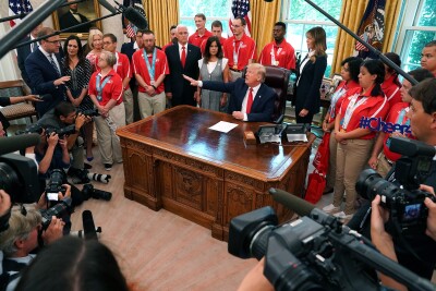 U.S. President Donald Trump, center, speaks during a meeting with members of the delegation that represented the USA at Special Olympics World Games Abu Dhabi 2019 in the Oval Office of the White House in Washington, D.C., U.S., on Thursday, July 18, 2019.