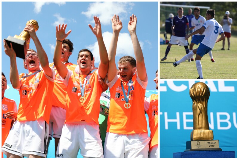 A collage of three photos. One features a team holding a trophy with arms up in celebration, the second features a player in a white jersey kicking a football and the third features a gold-coloured trophy on a plinth.
