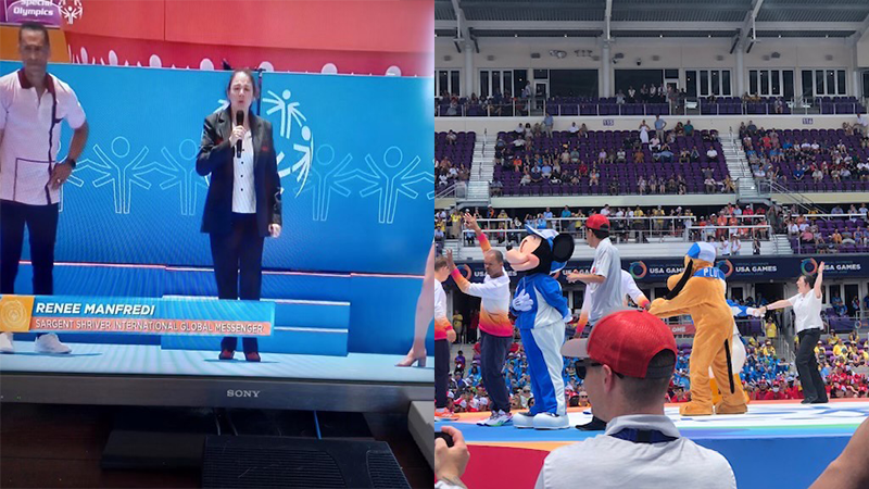 A split screen shows a female Special Olympics athlete standing on stage and speaking into a microphone.