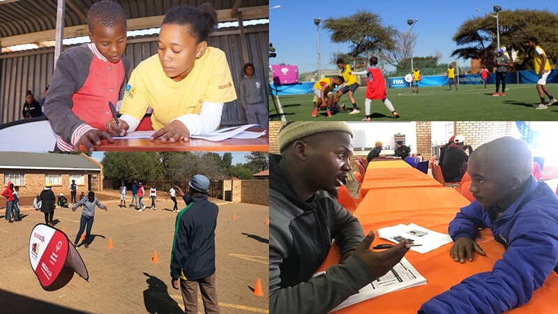 Photos from Africa Region's Holiday Camp. Top left, a young lady and a young boy are doing homework together. Top right, a group of young athetes play football. Bottom left, young athletes are running a healthy athletes endurance course. Bottom right, a man is explaining a form to a young man.