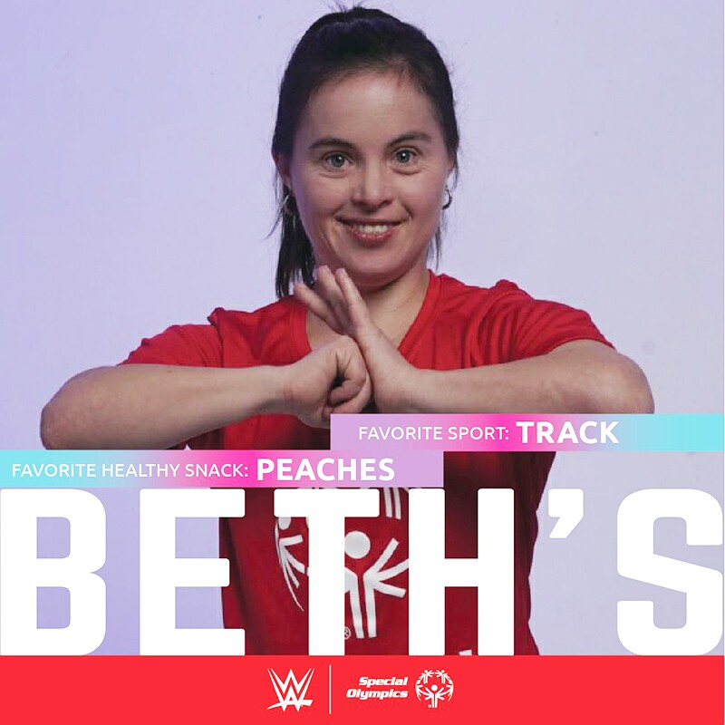 Beth in the background with text in the foreground that reads: favorite health snack: peaches; favorite sport: track