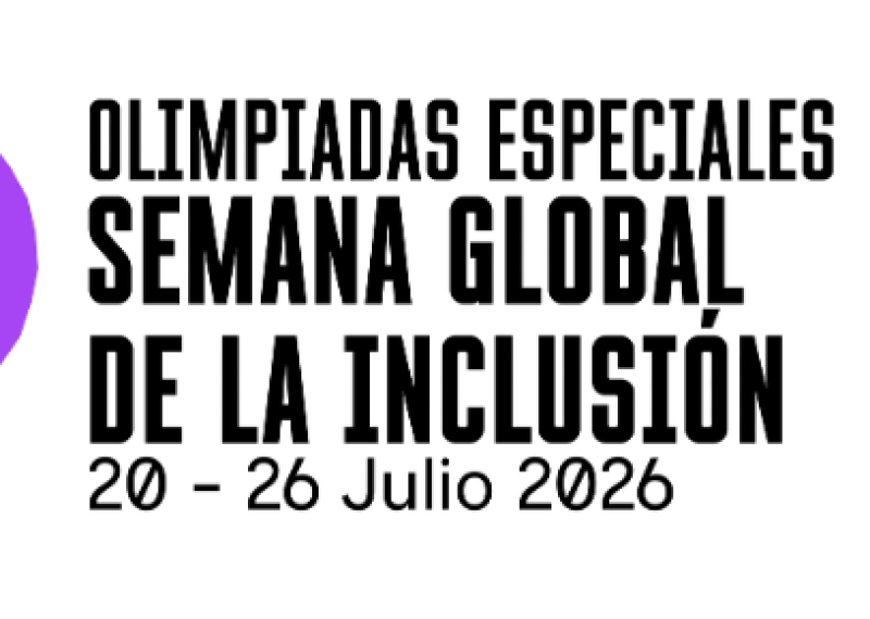 Banner de la Semana Global de la Inclusión de Olimpiadas Especiales. A la izquierda aparece un símbolo con forma de corazón creado por cintas de colores rojo, morado, azul y turquesa. En el centro se lee: "Olimpiadas Especiales – Semana Global de la Inclusión – 20–26 Julio 2026". A la derecha figura el logotipo rojo de Olimpiadas Especiales sobre fondo blanco.