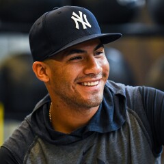 Gleyber Torres in his black New York Yankees hat