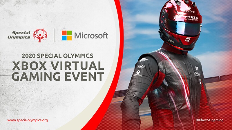 On the left text that reads: Special Olympics | Microsoft: 2020 Special Olympics XBox Virtual Gaming Event. On the right an image of an athlete in a full competitive suite and helmet.