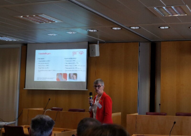 Female speaker with a microphone presents powerpoint presentation at the top of a room.
