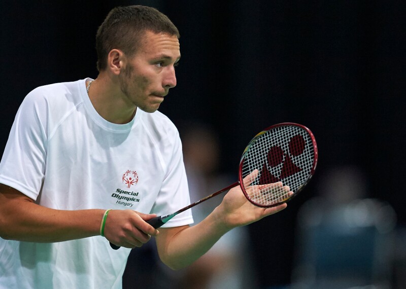 Special Olympics Hungary athlete Gergo Karoly plays badminton at the Special Olympics World Games Los Angeles 2015.