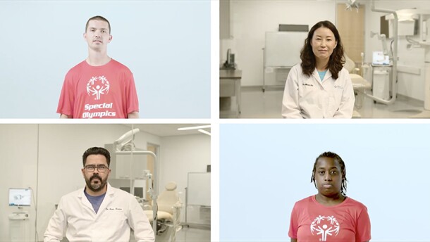 Four individuals: an athlete in the top left and bottom right and a health care professional in top right and bottom left.