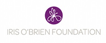 Iris O'Brien Foundation logo - Purple iris illustration and gray type: Iris O'Brien Foundation, on a white background.