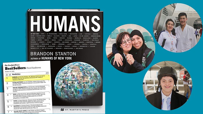 Humans bookcover and listing on The New York Times Best Sellers list and image of three athletes on the right.