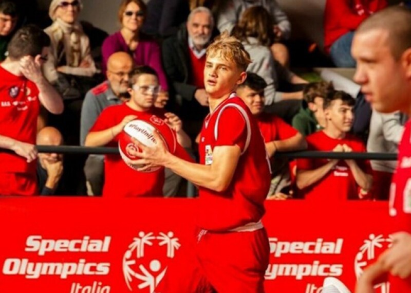 A person holding a ball in front of a crowd