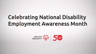 Text reads: Celebrating National Disability Employment Awareness Month; followed by the Special Olympics 50th anniversary logo. 