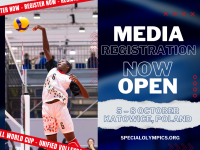 Special Olympics Volleyball player spikes the ball over the net while facing Bharat in the quarter finals of Unified Volleyball on June 23rd, 2023 in Berlin, Germany at the Special Olympics World Games.