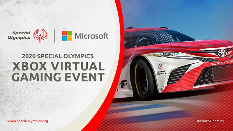 On the left text that reads: Special Olympics | Microsoft: 2020 Special Olympics XBox Virtual Gaming Event. On the right an image of a Toyota race car.