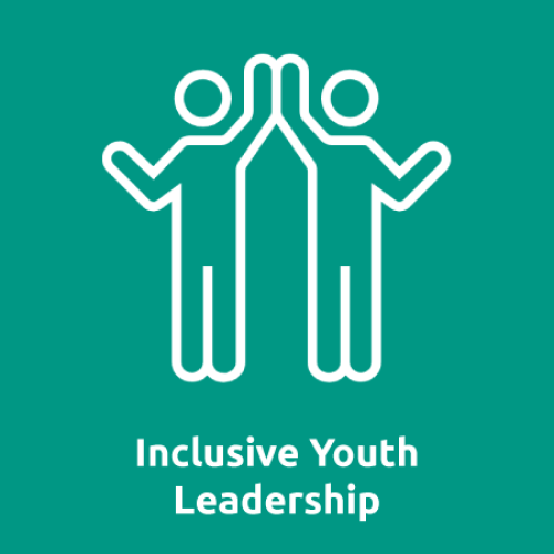 Icon of two people giving a high-five; Text reads, "Inclusive Youth Leadership"