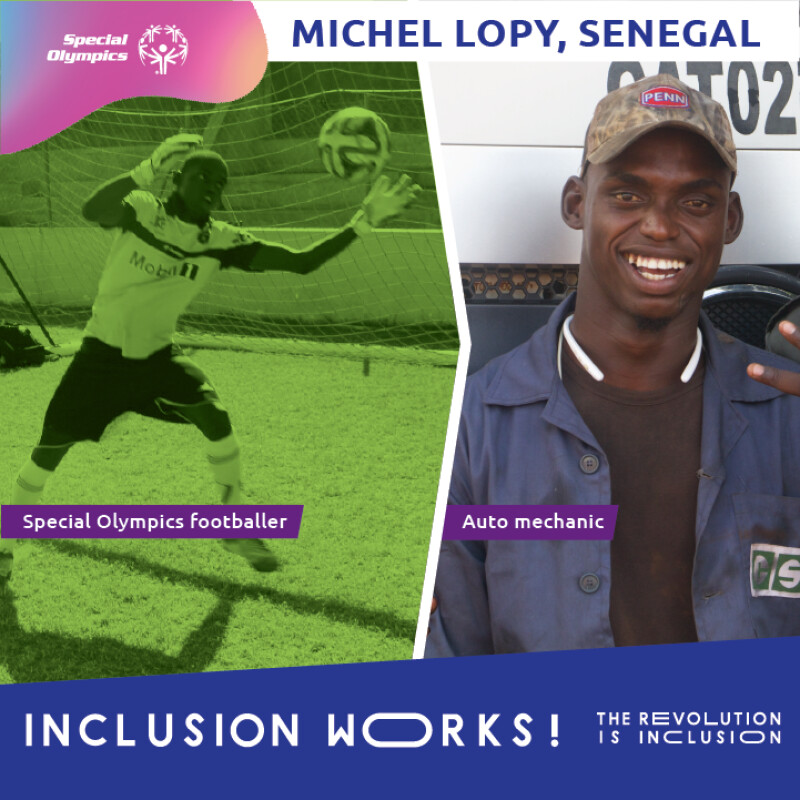 Michel playing football on the right and in his mechanics shirt on the left.