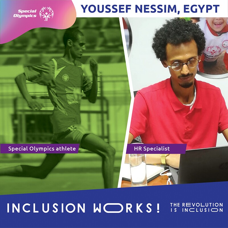 Two image of Yossef: on the left he is running on the right he is sitting behind a computer.