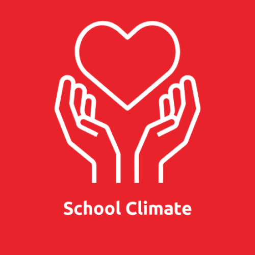 Icon of two hands together with a heart above; text reads, "School Climate"