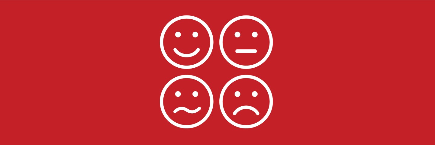 Four face emoji illustrations of happy, indifferent, worried, and sad.