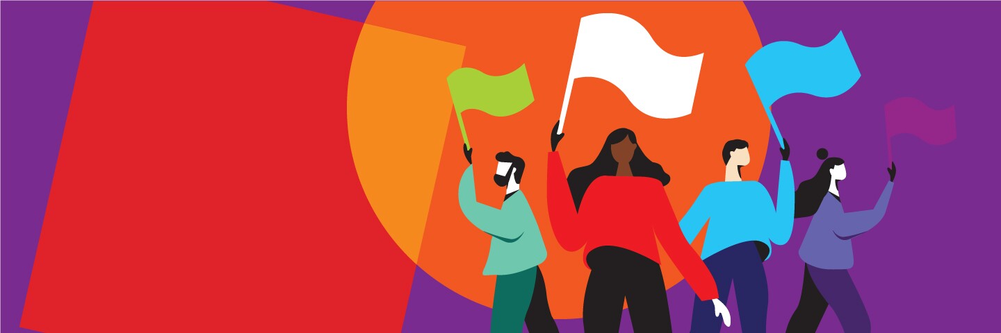 Text on the right reading: Inspiring Meaningful Change; illustration on the right of four people holding flags.