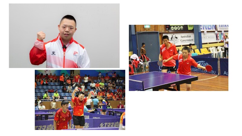 Yang Le and two additional images of him playing table tennis with his team mate. 