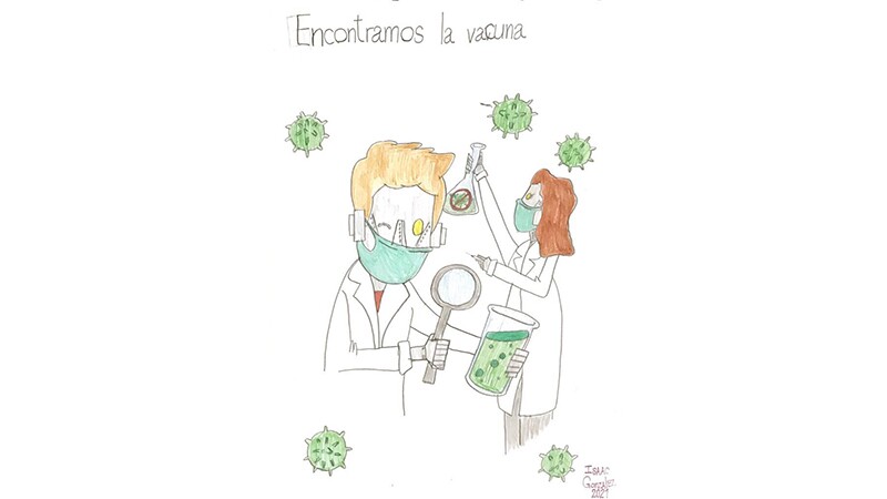 Dibujos de los profesionales de la salud y científicos robots, buscando la vacuna contra el COVID-19.